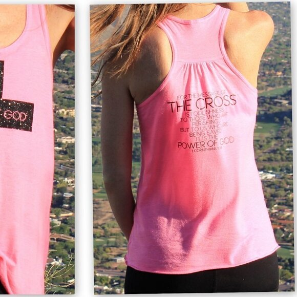 Womens Bella Pink Black Glitter Cross Power of God 1 Corinthians 1:18 Tank Top S - Picture 5 of 7